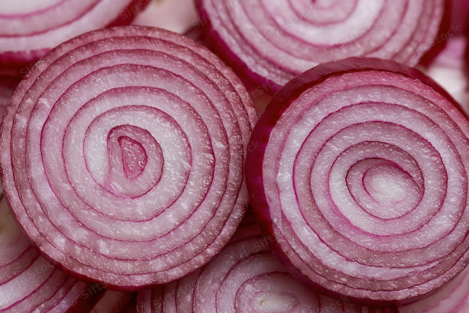 Closeup of sliced red onion pieces arranged flat showing concentric rings and layered texture
