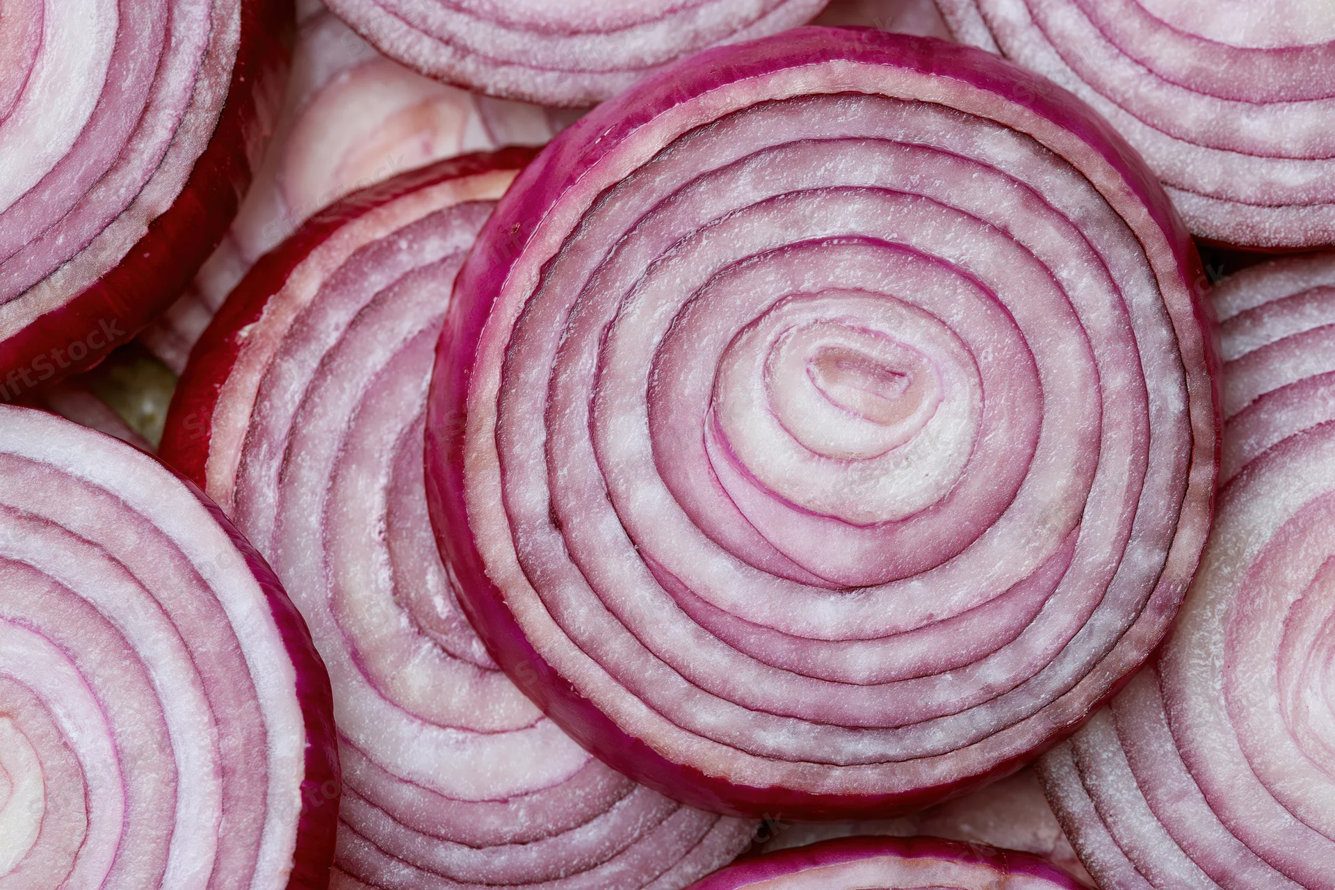 Closeup of sliced red onion rings arranged flat filling the frame