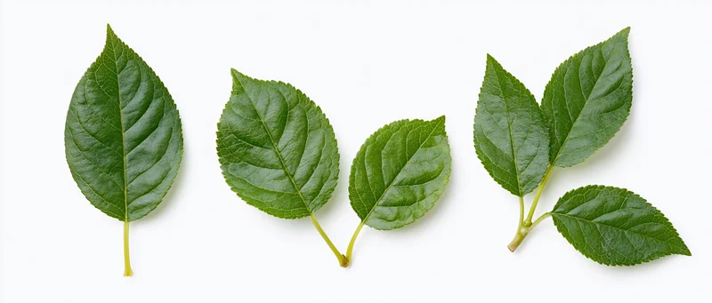 Three fresh green apple or cherry leaves arranged horizontally on white background