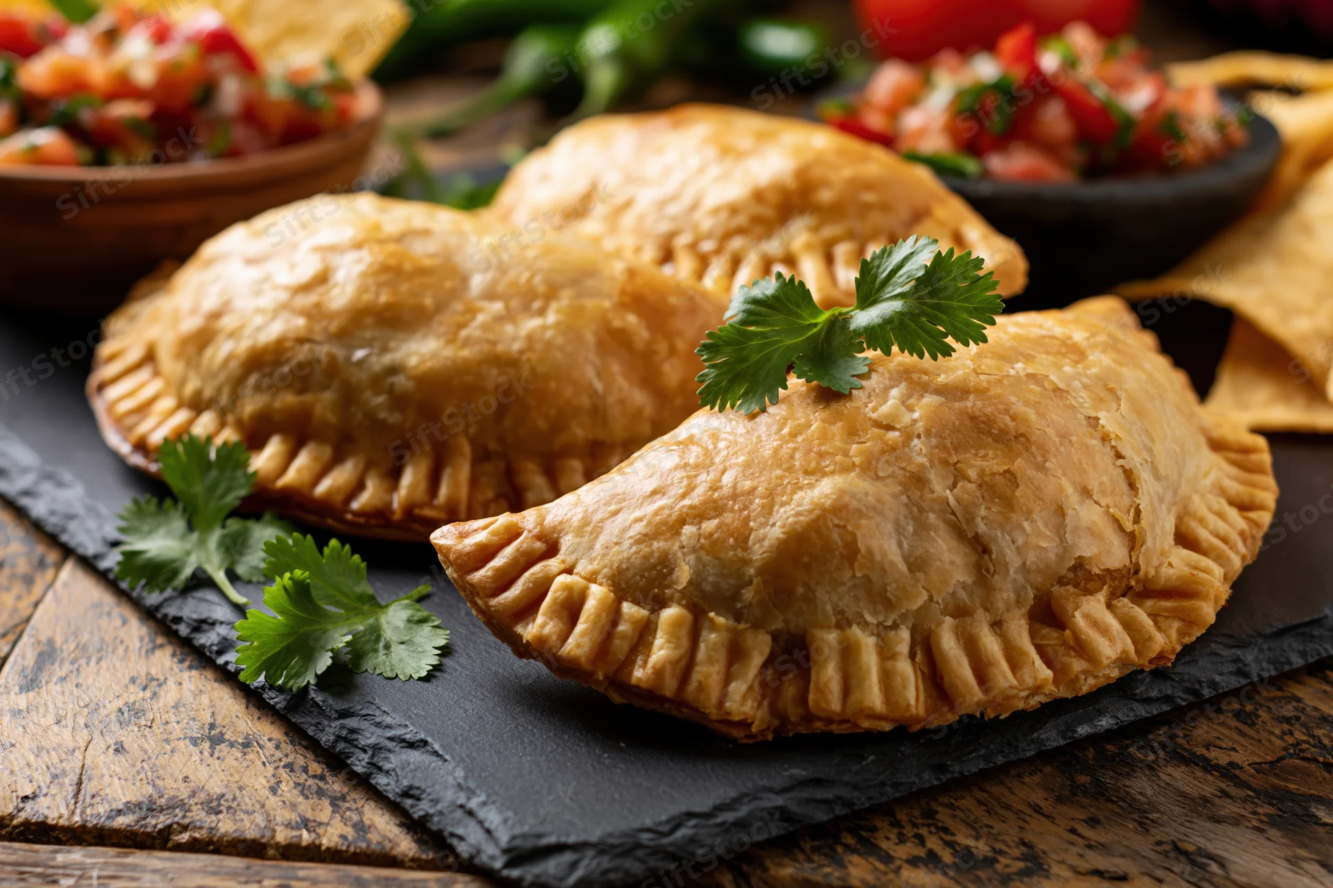 Golden-baked empanadas arranged on a dark slate board with cilantro garnish on a wooden table