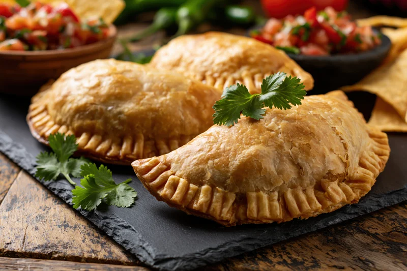 Golden-baked empanadas arranged on a dark slate board with cilantro garnish on a wooden table