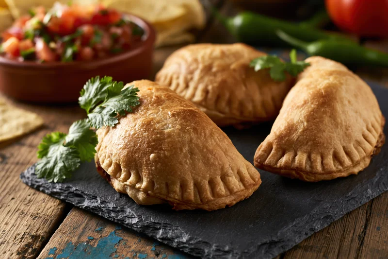 Three golden-baked empanadas arranged on a dark slate board with cilantro garnish and salsa in the background