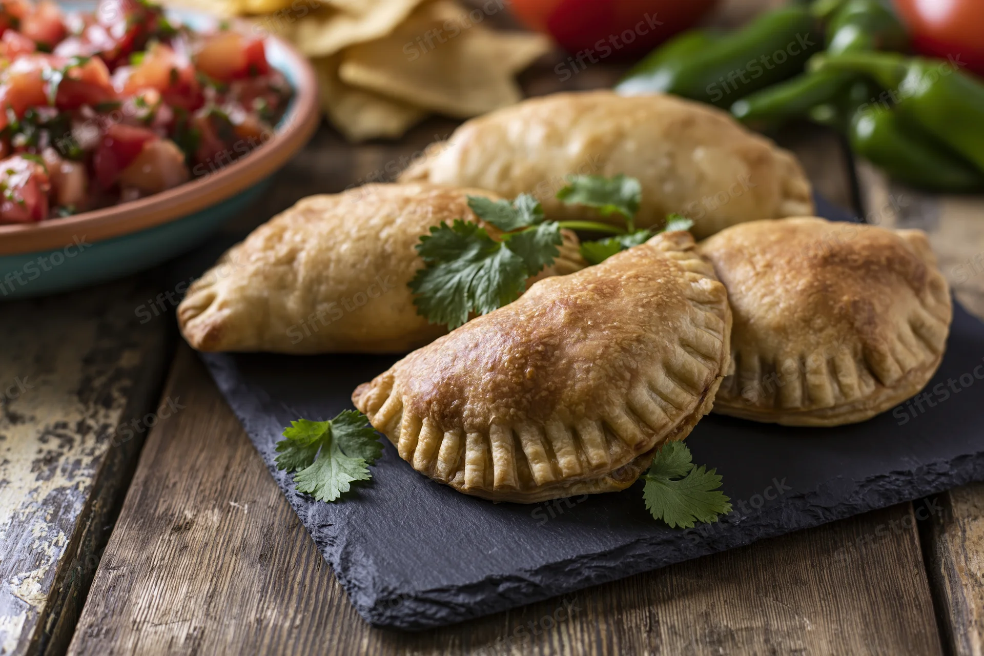 Golden-baked empanadas arranged on a dark slate board with cilantro garnish and salsa bowl on wooden table