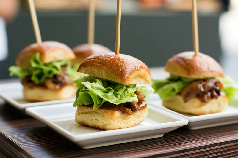 Three gourmet mini sliders with lettuce and caramelized onions on white rectangular plates arranged on a wooden table