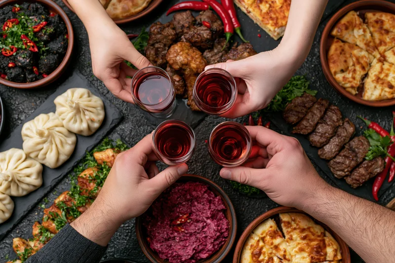Four hands clinking small glasses of rosé wine over a table filled with various dishes and appetizers