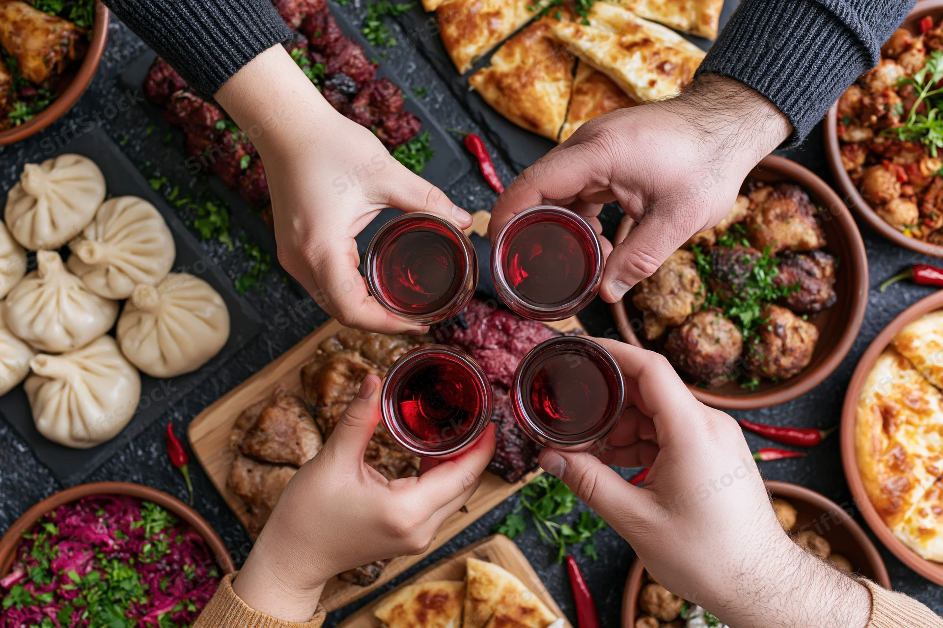 Four hands clinking small glasses of red wine over a table filled with various dishes and appetizers