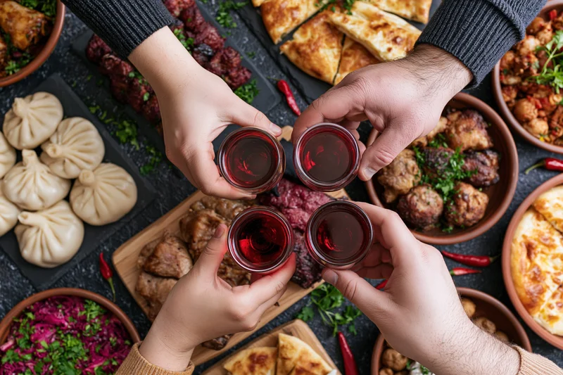 Four hands clinking small glasses of red wine over a table filled with various dishes and appetizers
