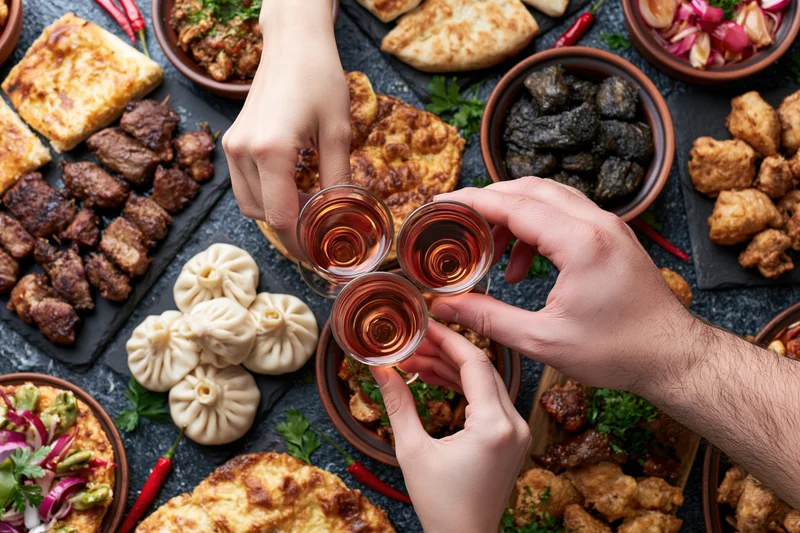 Three hands toasting with small glasses of rosé wine over a spread of appetizers and dishes on a dark table