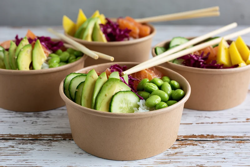 Four poke bowls with avocado, cucumber, edamame, salmon and mango in kraft paper containers on a white wooden table