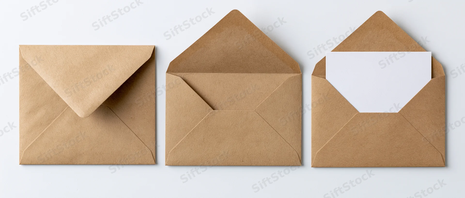 Three kraft paper envelopes arranged in a row, one closed, one open, one with blank paper inside, on white background