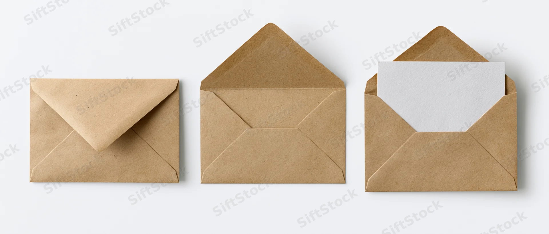 Three kraft paper envelopes arranged in a row, one closed, one open, one with a white card inside, on a white background