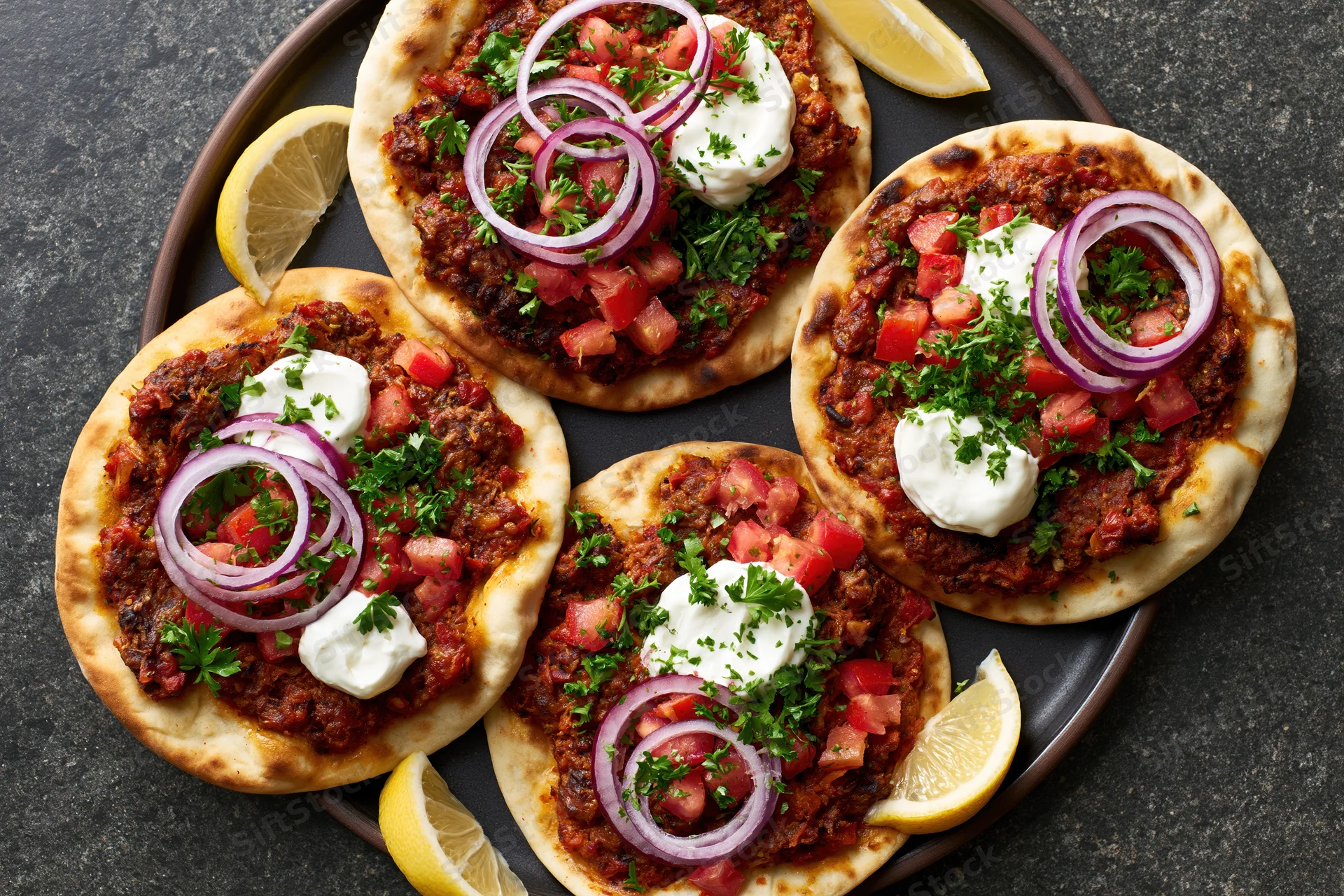 Four lahmacun flatbreads topped with spiced ground meat, tomato, onion, parsley and yogurt on a dark plate with lemon wedges