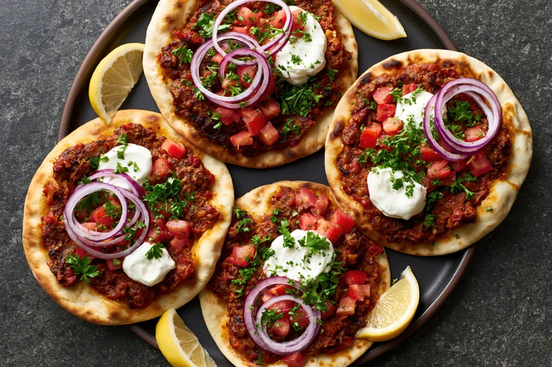 Four lahmacun flatbreads topped with spiced ground meat, tomato, onion, parsley and yogurt on a dark plate with lemon wedges