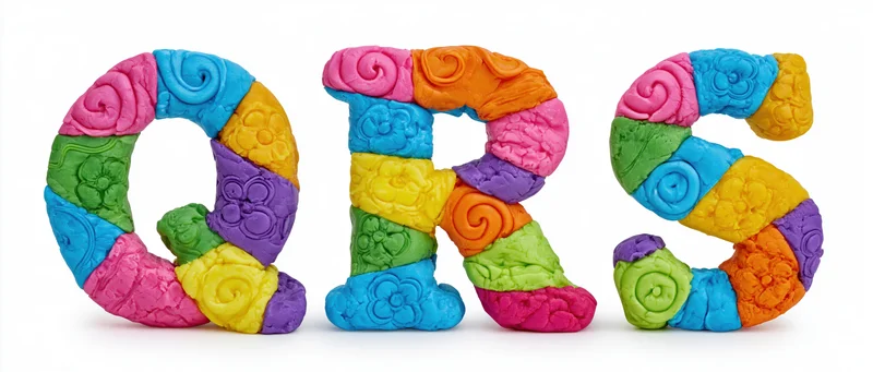 Colorful clay letters q r s sculpted with textured patterns on white background