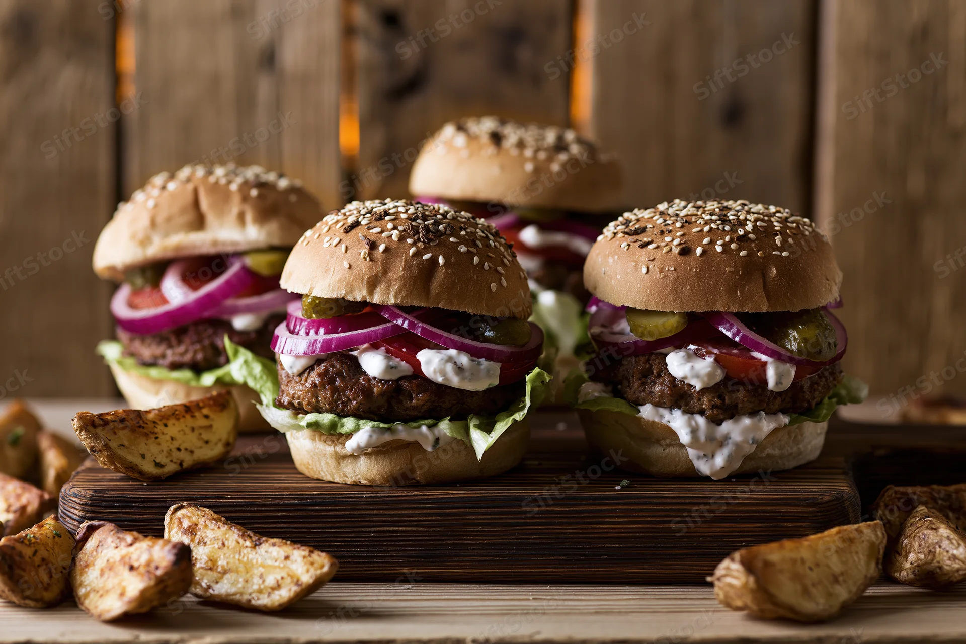 Three beef burgers with sesame buns and toppings arranged on a wooden cutting board with potato wedges around