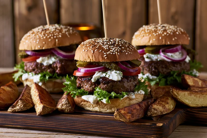 Three loaded beef burgers with sesame buns and toppings served on a wooden tray with potato wedges