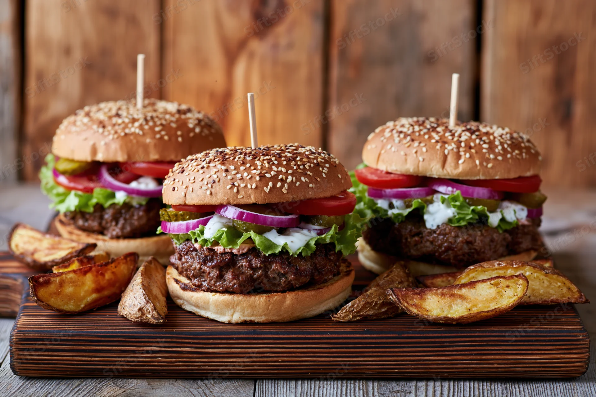 Three loaded beef burgers with sesame buns and toppings served with potato wedges on a wooden board