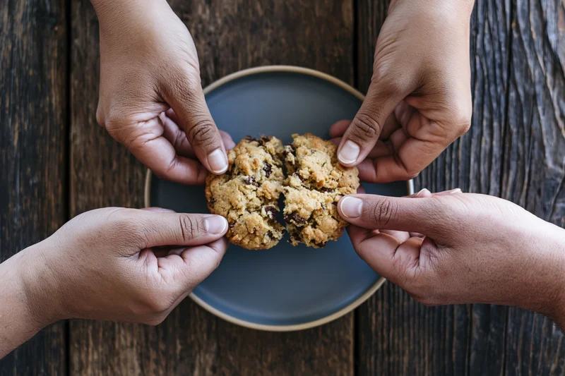 Four hands breaking a chocolate chip cookie over a blue plate on a wooden table