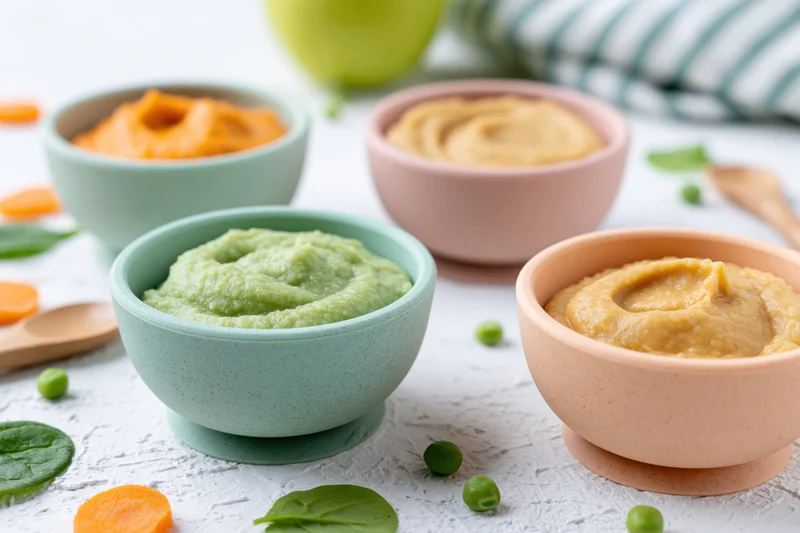 Four pastel silicone bowls filled with colorful vegetable purees arranged on a white countertop with scattered baby food ingredients
