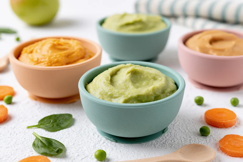 Pastel silicone bowls filled with pureed vegetables arranged on a white surface with scattered baby food ingredients
