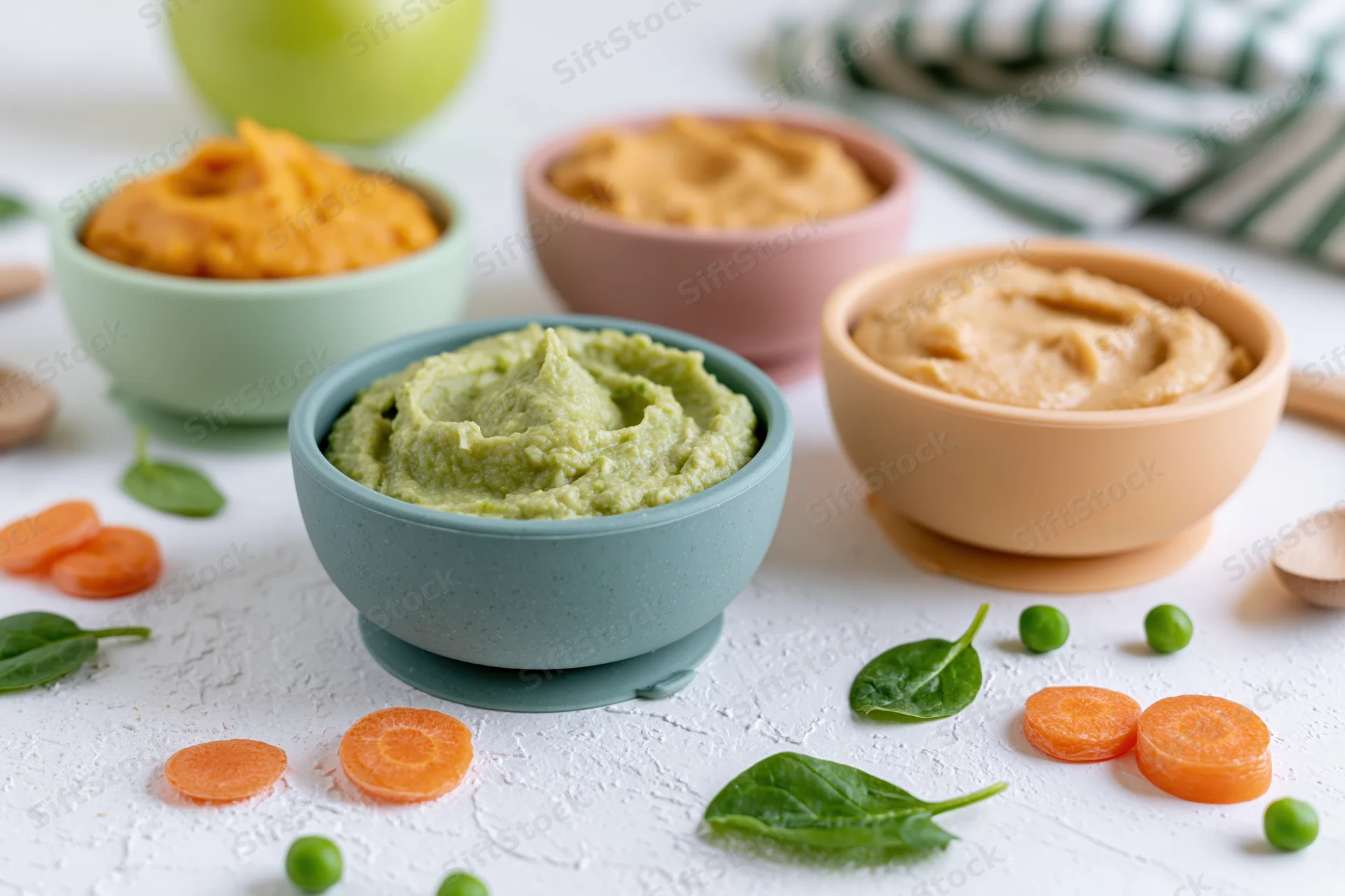 Pastel silicone baby bowls filled with vegetable purees arranged on a white surface with scattered carrots, spinach, and peas