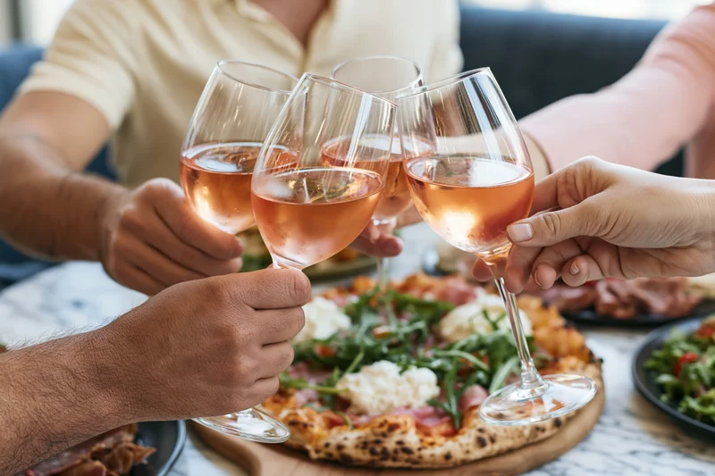 Hands clinking rosé wine glasses over a shared pizza at a dining table