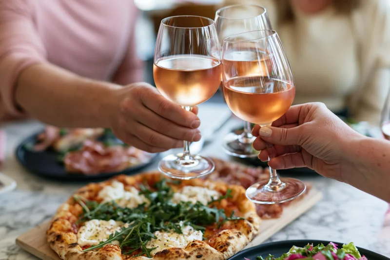 Women clinking rosé wine glasses over a shared pizza at a restaurant table