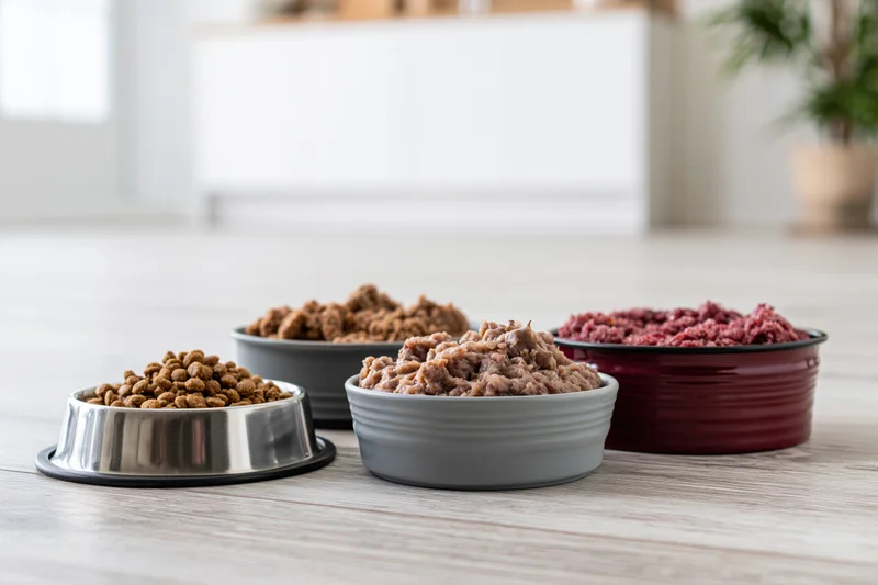 Four pet food bowls filled with different types of dog food arranged on a light wood laminate floor in a home kitchen