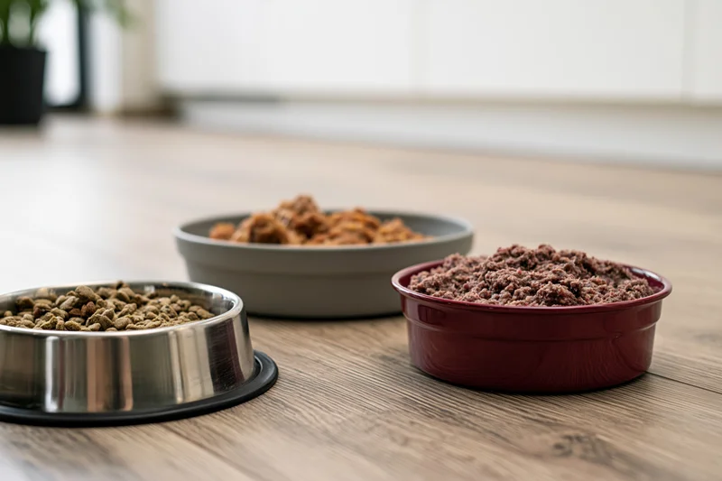 Three pet food bowls filled with kibble and wet food on a light wood laminate floor