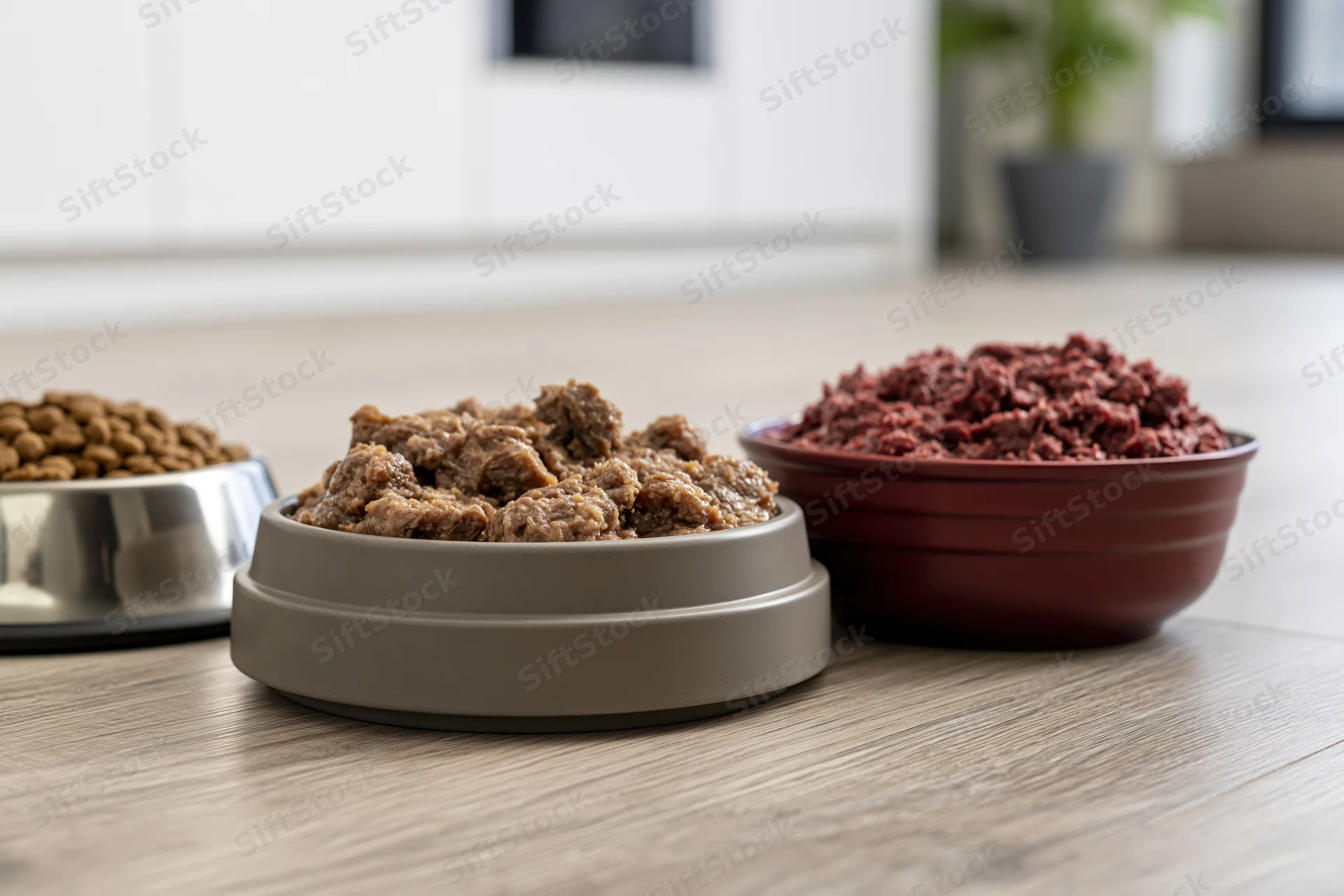 Three pet food bowls filled with kibble, wet food, and raw meat on a light wood laminate floor in a kitchen