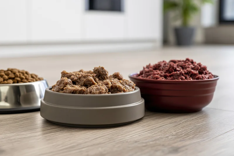 Three pet food bowls filled with kibble, wet food, and raw meat on a light wood laminate floor in a kitchen