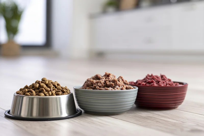 Three pet food bowls with kibble, wet food and raw meat on a light wood laminate floor in a kitchen