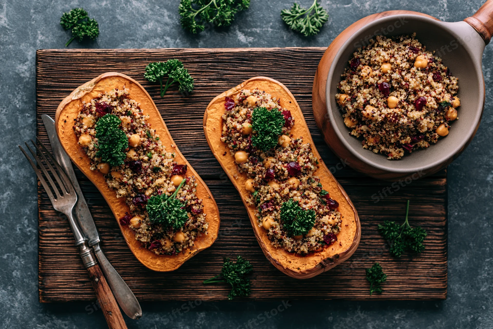 Two roasted butternut squash halves stuffed with quinoa and chickpeas on a wooden board with parsley garnish and serving bowl beside