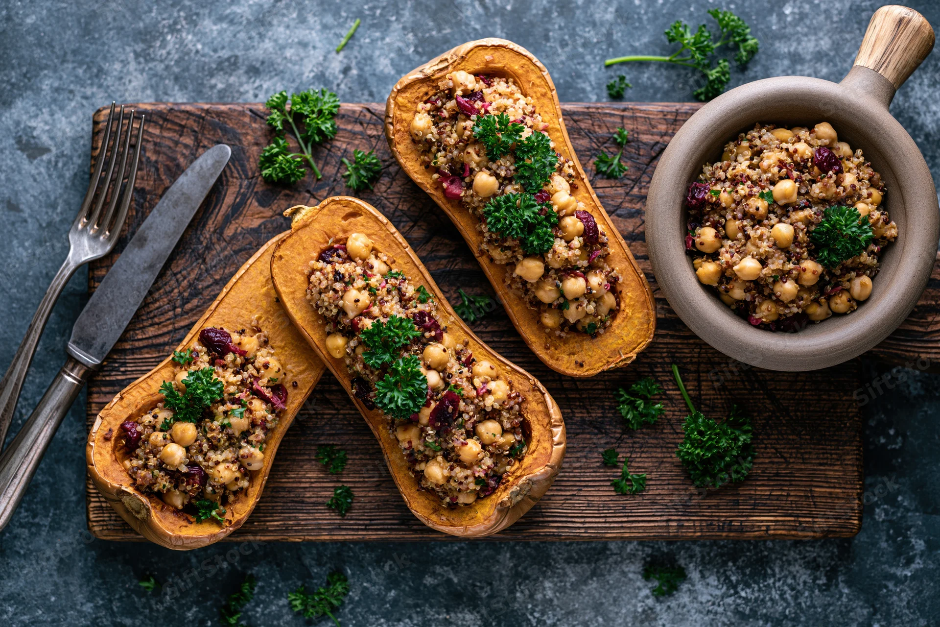 Roasted butternut squash halves stuffed with quinoa and chickpeas on a wooden board with cutlery and herbs
