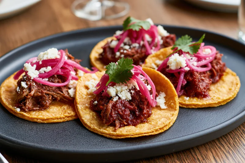 Three street-style tacos with shredded beef, pickled red onions, cilantro and crumbled cheese on corn tortillas served on a black oval plate