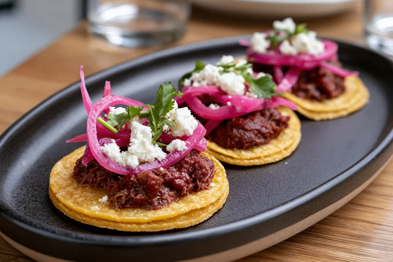 Three small street-style tacos on corn tortillas topped with pulled meat, pickled red onions, cotija cheese and cilantro on a black oval plate