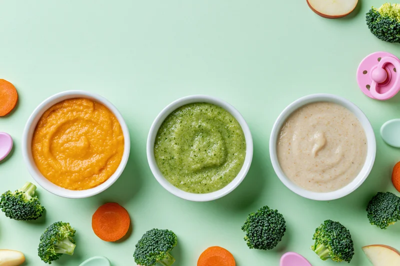Three white bowls of baby food purees arranged with vegetables and baby items on a green surface
