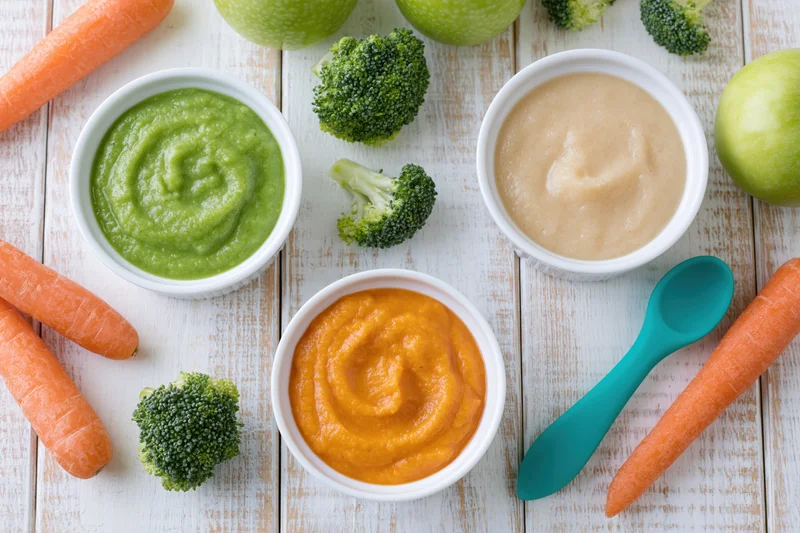 Three white bowls of colorful baby food purees arranged with fresh vegetables on a wooden table