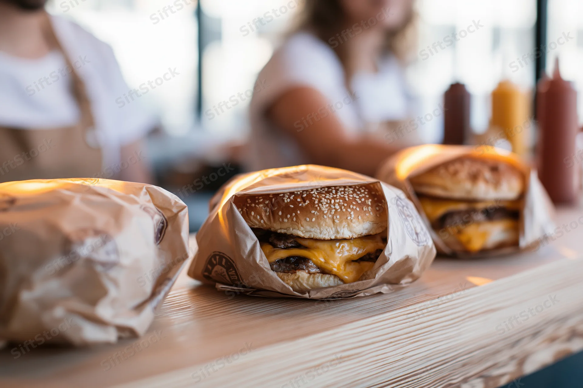 Three cheeseburgers wrapped in branded parchment paper on a wooden counter with condiment bottles and a barista in the background