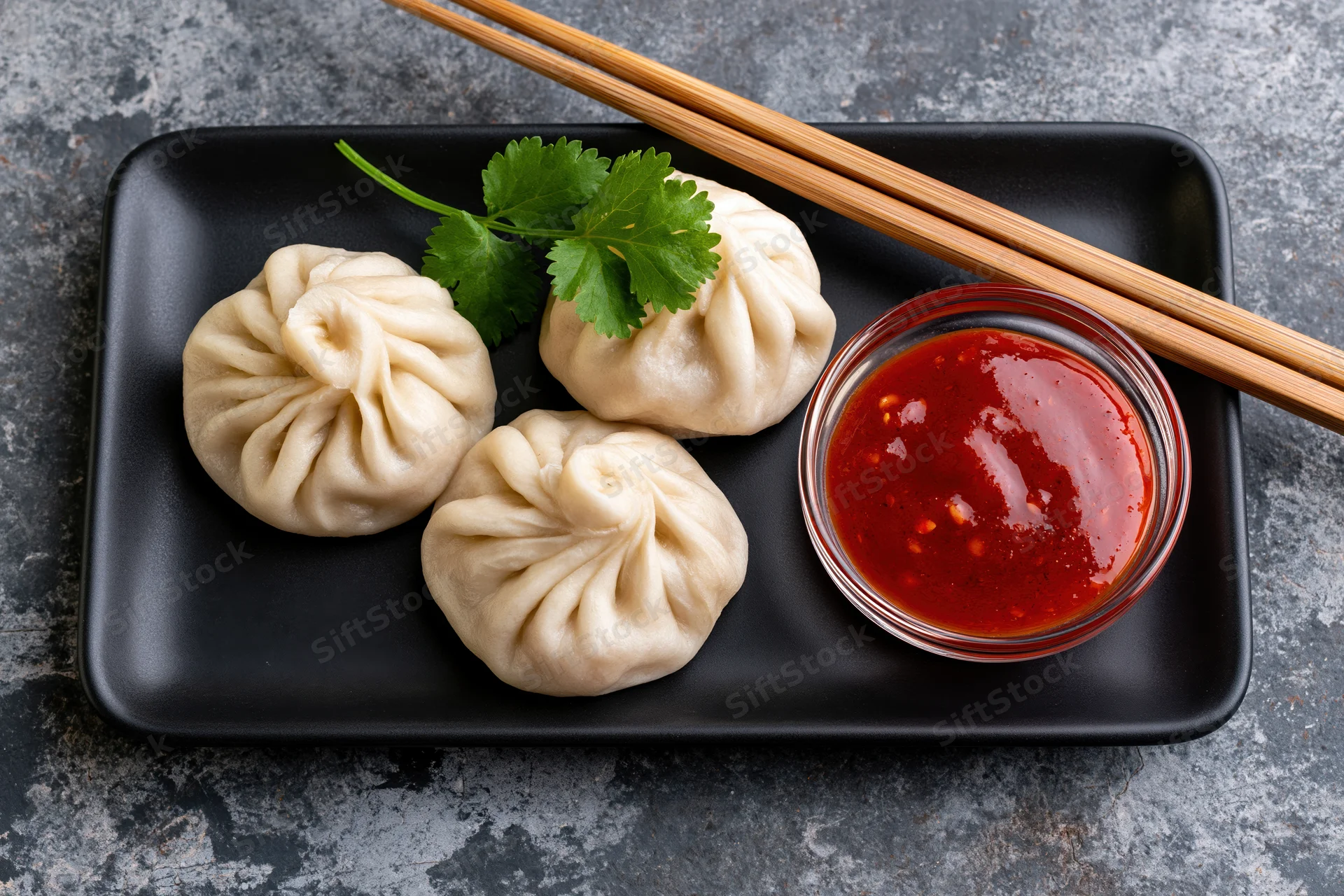 Three steamed momos on a black rectangular plate with chopsticks and red chili sauce, garnished with cilantro, on a gray stone surface