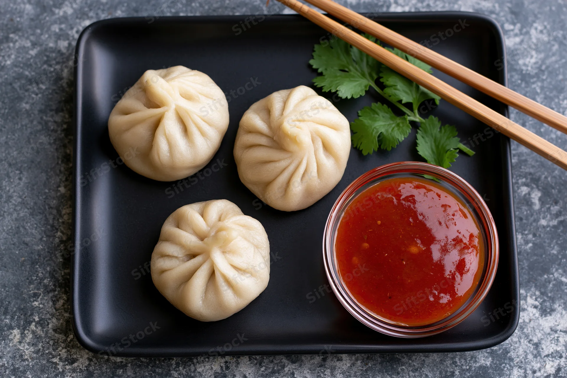 Three steamed momos on a black rectangular plate with chopsticks and red dipping sauce, garnished with cilantro