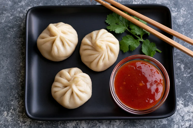 Three steamed momos on a black rectangular plate with chopsticks and red dipping sauce, garnished with cilantro