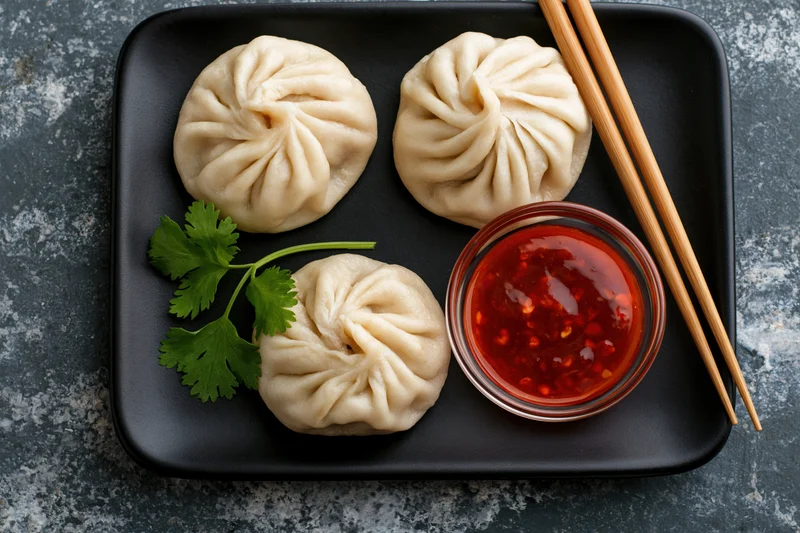 Three steamed momos on a black rectangular plate with chopsticks and chili sauce