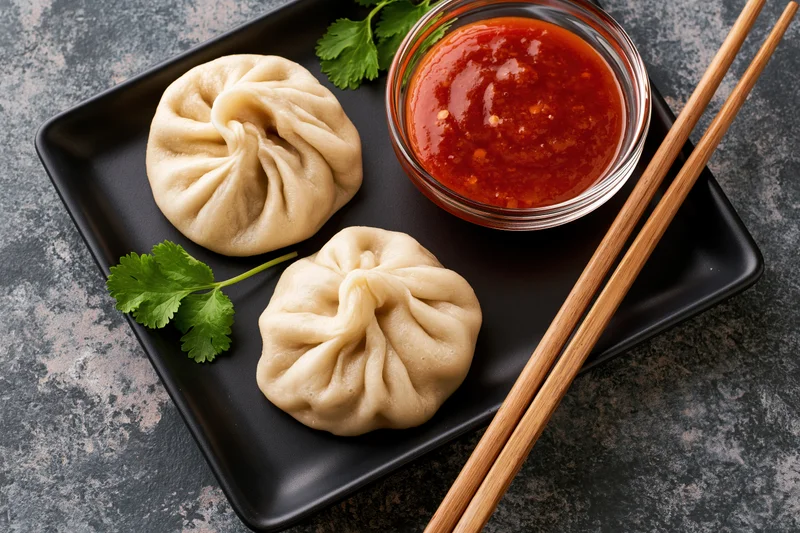Two steamed momos on a black plate with chili sauce and chopsticks on a stone surface