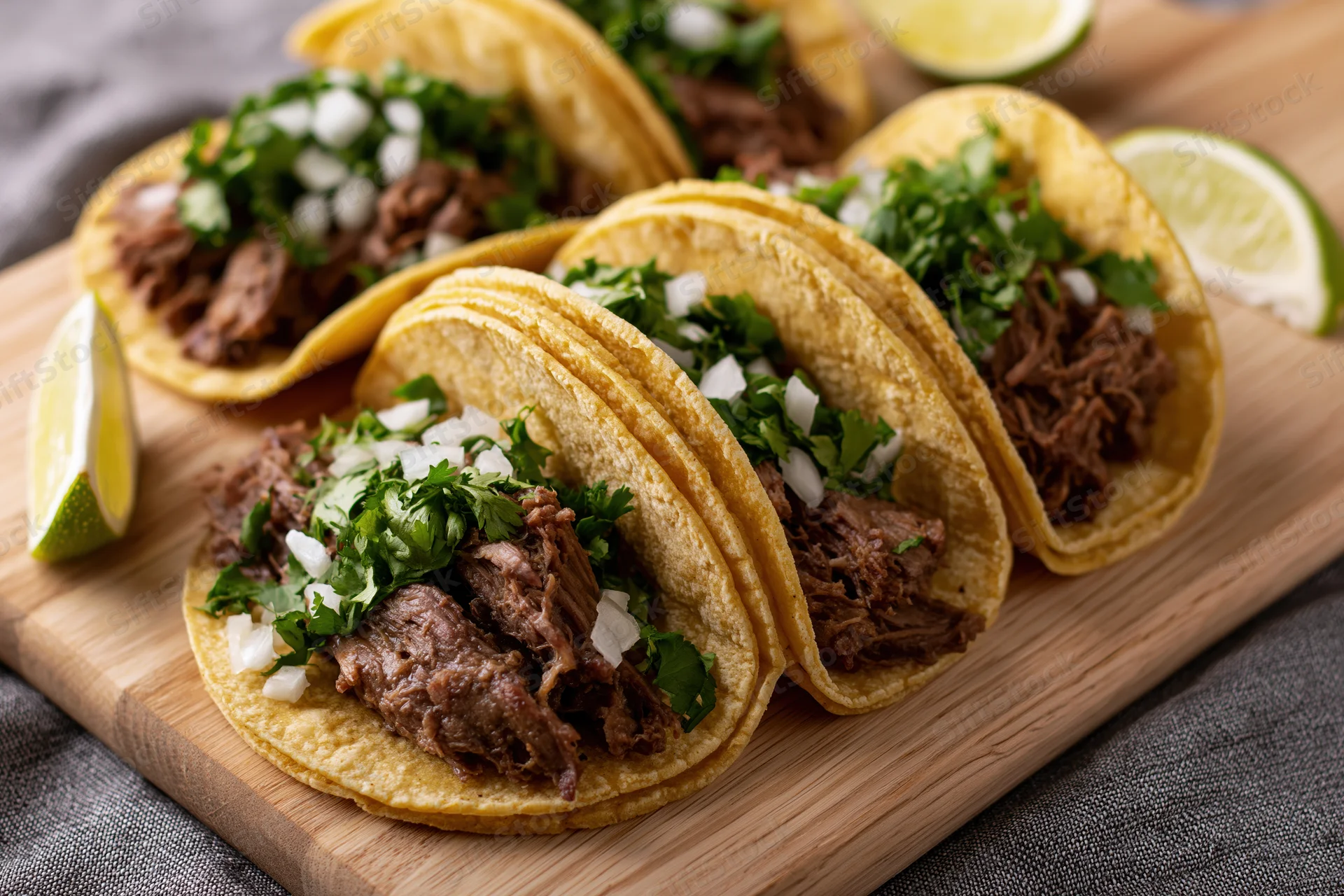 Three street-style tacos with shredded beef and fresh toppings on a wooden cutting board