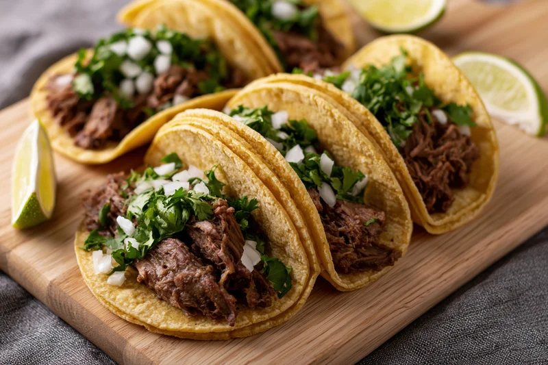 Three street-style tacos with shredded beef and fresh toppings on a wooden cutting board