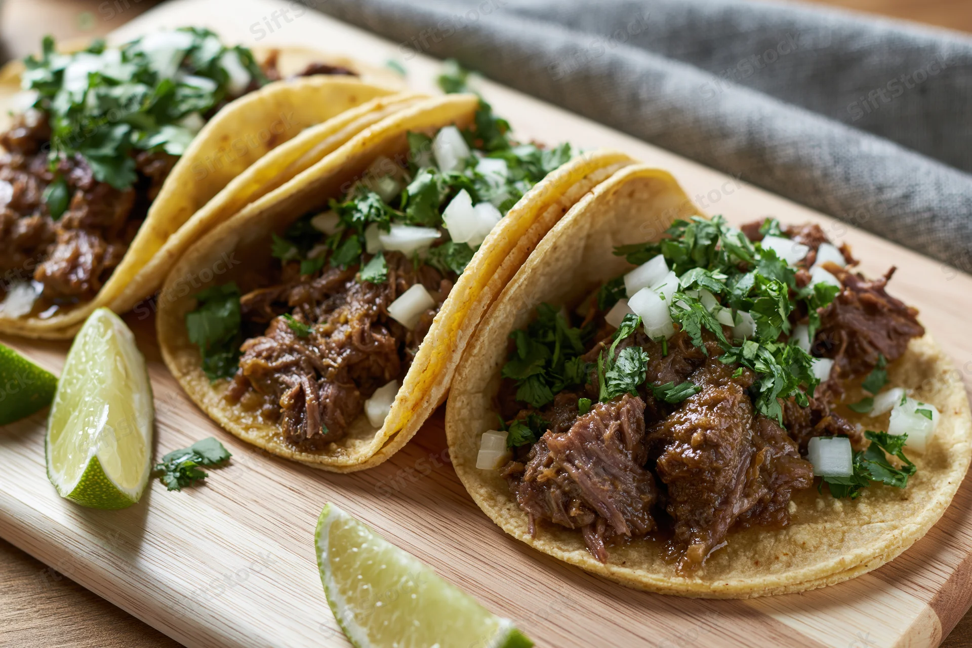 Three street-style tacos with braised beef and fresh toppings on a wooden cutting board