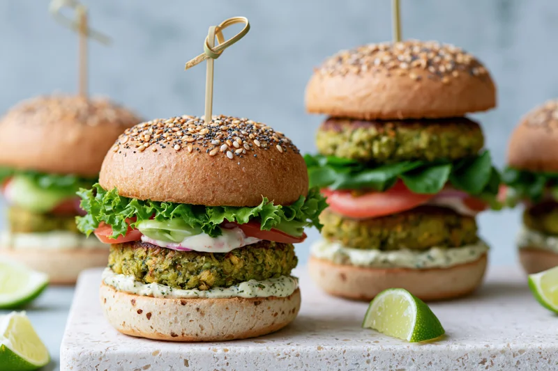 Stacked veggie burgers with lettuce tomato and sauce on stone tray with lime wedges