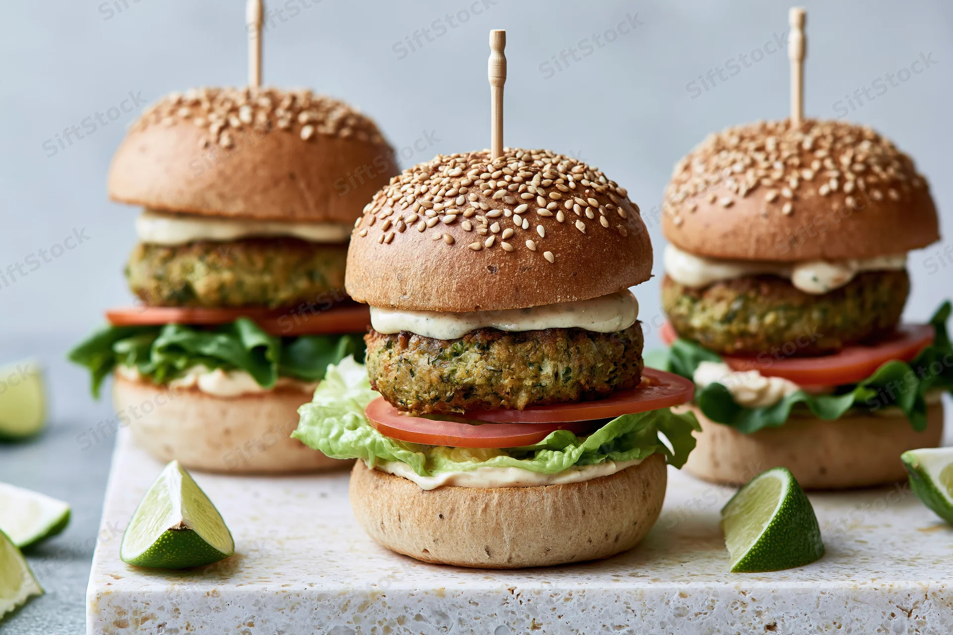 Three veggie burgers with sesame buns and fresh toppings arranged on a stone platter with lime wedges