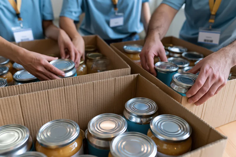 Volunteers sorting canned food into cardboard boxes for donation
